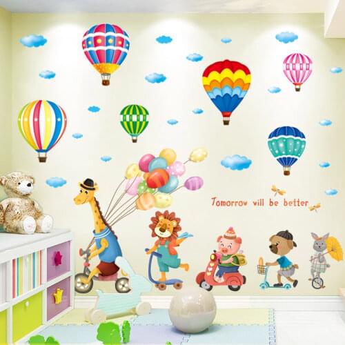 [shijuekongjian] Cartoon Animals Wall Stickers DIY Hot Air Balloons Mural Decals for Kids Room Baby Bedroom Home Decoration