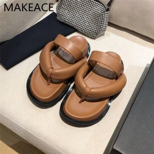 Women Genuine Leather One Strap Summers Beige Slippers Women Flip Flops Open Toe Thick Bottom Flat Shoes Woman Fashion Sandals