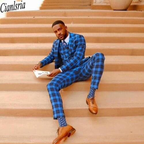 Blue Check Mens Suits 3 Pieces Groom Best Man Pants Suit Business Wedding Tailored Blazer Jacket (Jacket+Vest+Pants)