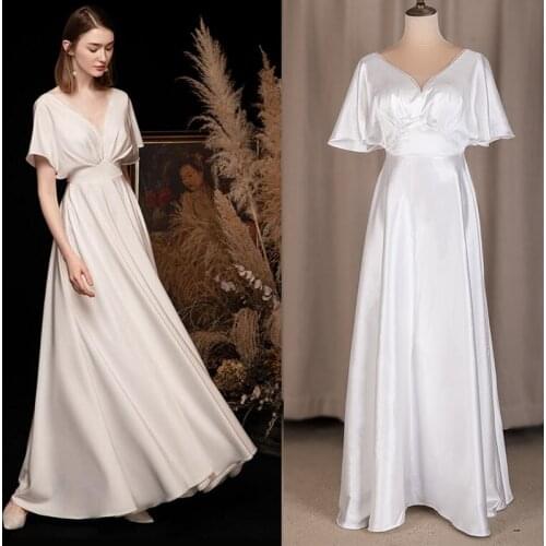 Simple V Neck Wedding Bridesmaid Dress Floor Length Short Sleeves Lace Satin Empire Bridal Gown Custom Made Robe De Mariee #9132