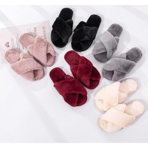 Cross Plush Slippers Female Thicken Autumn Winter Toes Exposed Indoor Anti Skid TPR Sole Solid Color Breathable Warm Slippers