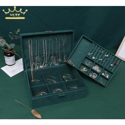 Dark Green Double-Layer Lockable Jewelry Storage Box Ring Necklace Collection Jewelry Box Suede Large Capacity Jewelry Box
