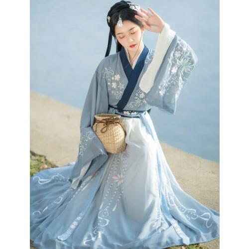 XinHuaEase Ancient Hanfu Traditional Chinese Clothing for Womens Dresses Folk Oriental Cross Neck Waist 4.5m Full Set Outfit