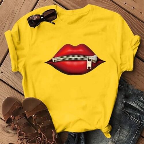 Zipper Red Lip Print T Shirt Women Short Sleeve O Neck Women Tshirt Ladies Summer Fashion Tee Shirt Tops