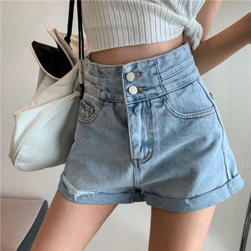 Crimping High Waist Buttons Wide Leg Korean Style Womens Denim Shorts With Pockets Loose Casual Summer Shorts Jeans For Female