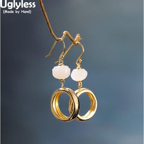 Uglyless Hollow Circles Dangle Earrings for Women Exotic Summer Dress Gold Jewelry Real 925 Silver Brincos Hetian Jade Earrings