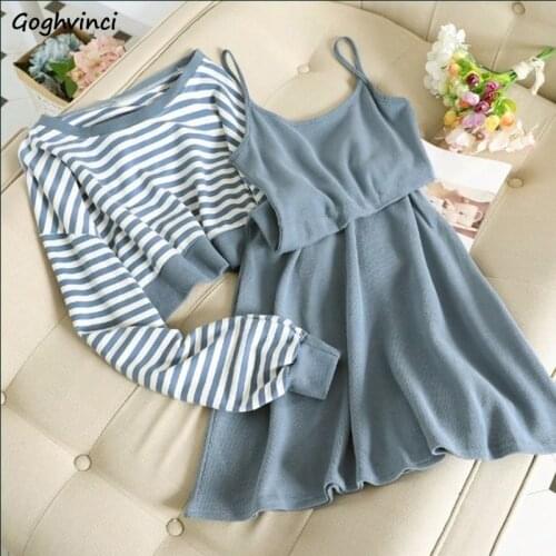 Women Sets O-neck Sweatshirt Pullover Striped Tank Dress Korean Style Trendy Casual Simple New Street Wear High Quality Soft