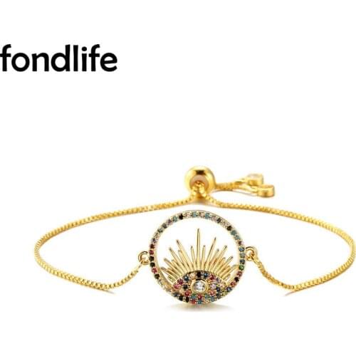 AAA Cubic Zirconia Crystal Round Circle Multicolor Raibow CZ Evil Eye Eyelash Adjustable Bracelet Women Lady Brass Noble Jewelry