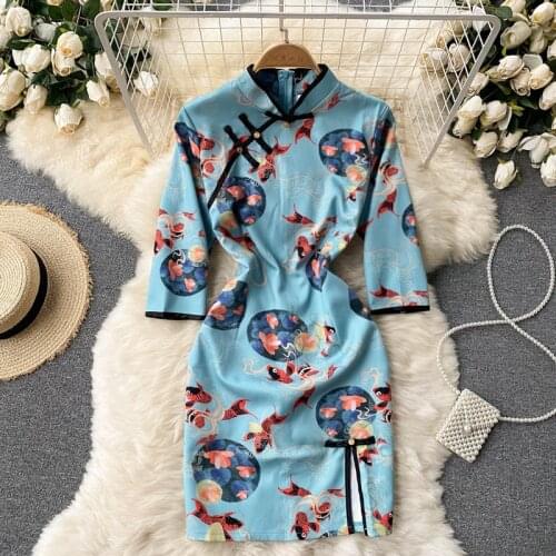 Improved Cheongsam Dress Vetement Femme 2021 Summer New Vintage Printted Slim Beaded Button Bodycon Mini Dress Vestidos