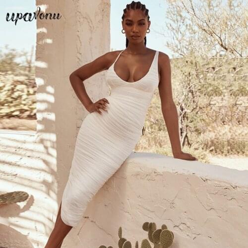 Free Shipping 2021 New Womens Midi Dress Sexy V Neck Sleeveless Dangle Bodycon Dress White Elegant Club Party Dress Vestidos
