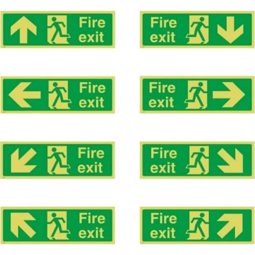 Fire Exit Sign Stickers Decal Adhesive Glow In The Dark With Direction Arrows 36 X 14cm