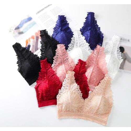 French Style Lace Trim Bra Push Up Deep V Wireless Bralette Soft Comfy Breathable Solid Underwear Sexy Lingerie