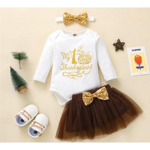 My First Thanksgiving Clothes Letter Printed Pattern Long Sleeve Romper Tops + Brown Yarn Skirt + Headdress for Baby Girls 0-12M