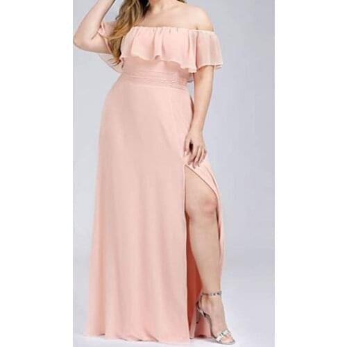 Elegant Simple Plus Size Fresh Pale Pink Bride Mother Dress Off Shoulder Side Split Chiffon Dress Party Dress Bridesmaid Dress