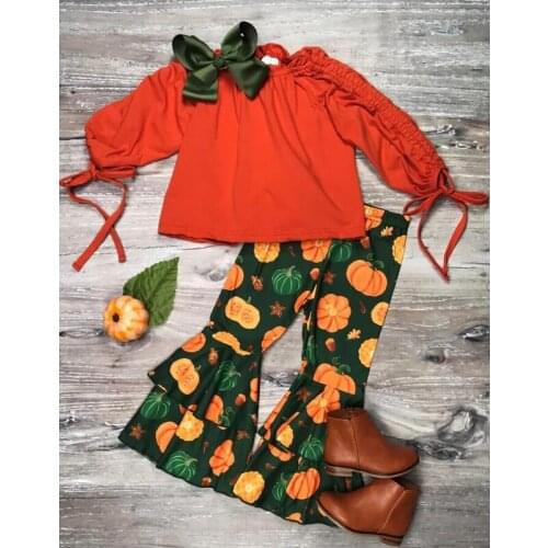 FOCUSNORM 0-5Y 2pcs Baby Girls Lovely Clothes Sets Long Sleeve Solid Off Shoulder Tops Pumpkin Ruffles Flare Pants