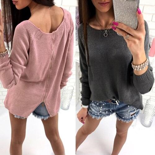 T-shirts for Women Autumn Loose Long-sleeve Knitted Tops Fashion Lady Round Collar Back Zipper Open Fork Casual T Shirts