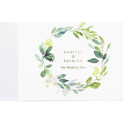 Customized Boho Wedding Guest Book Real Gold Foil Horizontal Wedding Guestbook with Leaves, Guest Book Instant Photo Booth Album