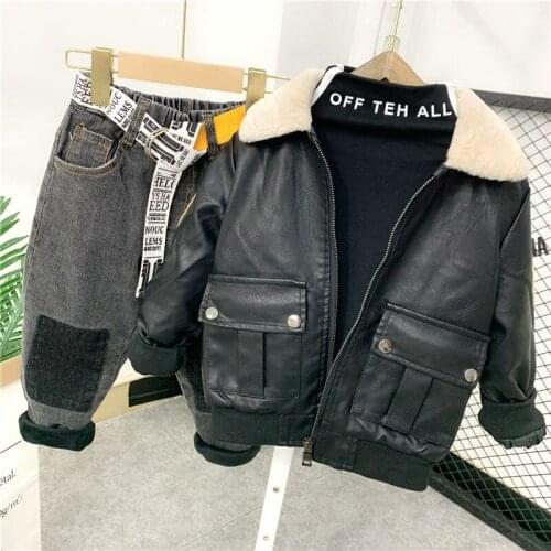 Boys Clothing Set Boys Warm Faux Leather Coat +Plush T-Shirts +Thickened Jeans 3pcs Boys Set Winter Childrens Suits 2-6years