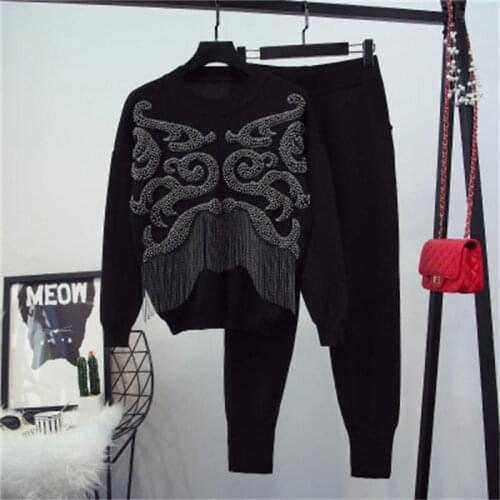Fashion sweater set female Spring winter New High-end Beaded tassel Long Sleeve Loose wool Sweater + Casual Pants Two-piece Set