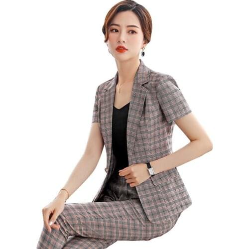 2019 Fashion temperament short-sleeved plaid suit summer womens two-piece secretary professional wear hotel manager overalls