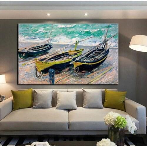 Monet Three Fishing Boats 100% Hand Painted Canvas Painting Living Room Wall Art Painting Home Decoratio Large Size Frameless
