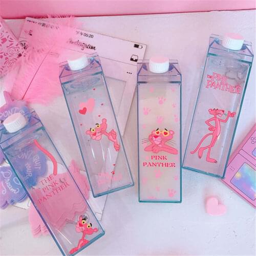 Cartoon Water Bottles Milk Box Shape Plastic Cups Students Cute Pink Panther Drink Bottle for Juice Coffee Tea Drinkware