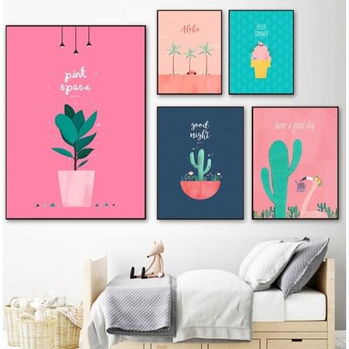 Cartoon Cactus And Coco Nut Tree Canvas Art Painting Nursery Wall Art Posters Prints Pictures for Kids Children Room Home Décor
