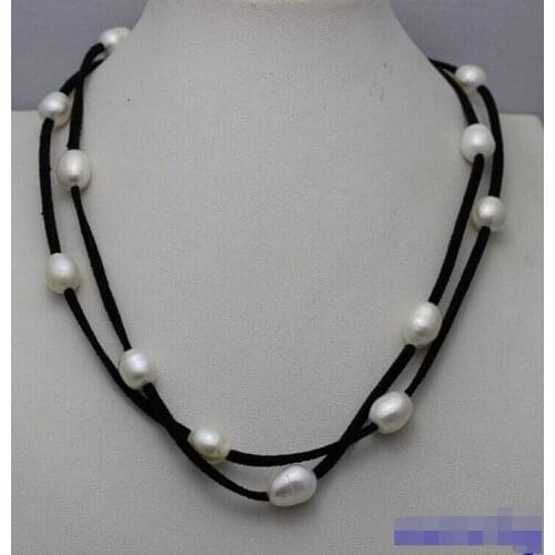 N2065 2Strand Leather white Freshwater Pearl Necklace Alloy 18" beauty -Bride jewelry