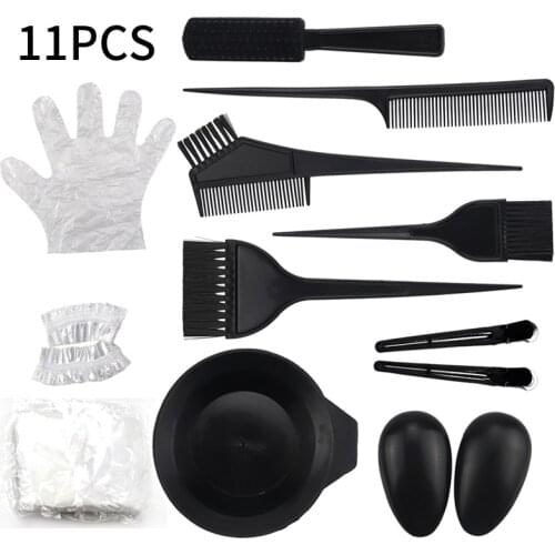 11pcs/set Hair Color Mixing Dye Kit Hair Clips Dyeing Brushes Tint Comb Mixing Bowl Ear Covers Gloves Hair Styling Accessories