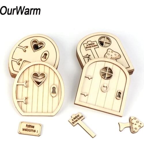 OurWarm 6pcs 3D Wooden Fairy Garden Door Christmas Decoration New Year Doll House Door DIY Painting Kids Birthday Gift