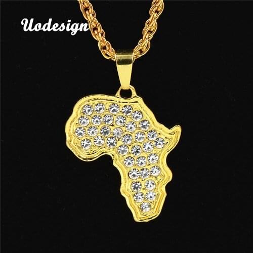 Uodesign Trendy Gold Africa Map Pendant Necklace With Crystal 75cm Cuban Chain Hip Hop Jewelry Men Women