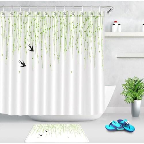 Simple Spring Shower Curtains Green Willow Leaves Swallow Bird Bathroom Shower Curtain Fabric Waterproof Bath Curtain Doormat