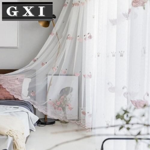 Pink Cute Swan Gauze Bedroom Tulle For Living Room Balcony Decorative Drapes White Embroidered Curtains Sheer Screens