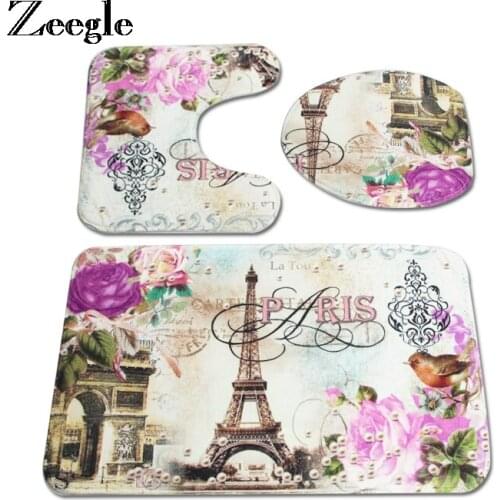 Zeegle 3Pcs/Set Bath mats Bathroom Non-Slip Floor Mats Foot Pads Washable Pedestal Rug+Lid Toilet Cover+Bath Mat Toilet Rugs