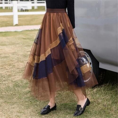 Women Skirt Summer Autumn Irregular Patchwork Mesh Long Skirt A-line High Waist Evening Night Skirt mujer faldas 2020