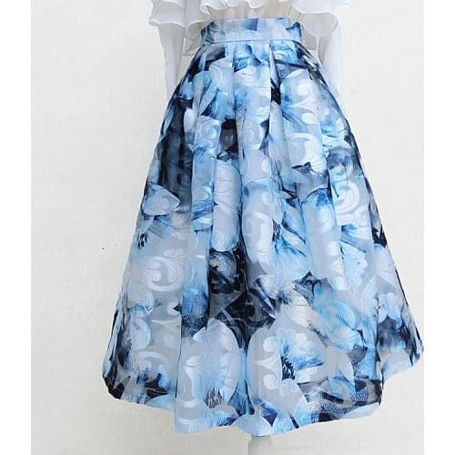 Autumn new organza printed umbrella skirt women high waist pleated ball gown skirt knee length plus size 2XL