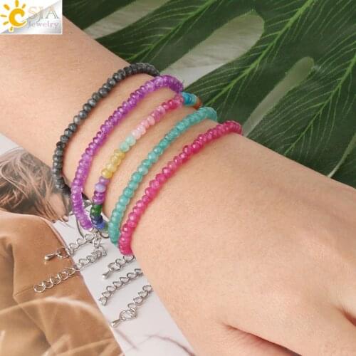 CSJA Crystal Beaded Bracelets Faceted 4mm Beads Silver Color Chain Charms Bracelet Adjustable Simple Bangle for Women Femme S568