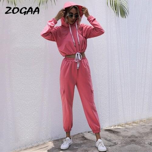 ZOGAA Sets Women Spring New Long-sleeved Solid Color Pink Navel Hooded Female Two-piece Suits Streetwear Hot Sale Chic Leisure