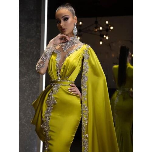 Lemon Luxury Crystal Mermaid Formal Evening Dresses With Cloak One Full Sleeves High Collar Beaded Long Prom Gowns vestidos de n