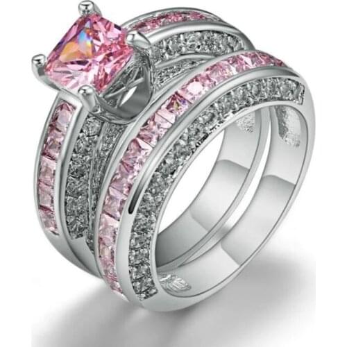 2Pcs/Set Women Rings Charms Inlaid Crystal Jewelry Birthday Anniversary Pink Blue White Wedding Gift For Women Rings