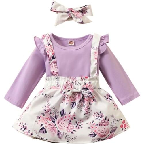 2021 New Spring Autumn Baby Girls Cartoon 3-pieces Set Cute Child ins Style Flowers T-shirt+Skirt+Headband Suit
