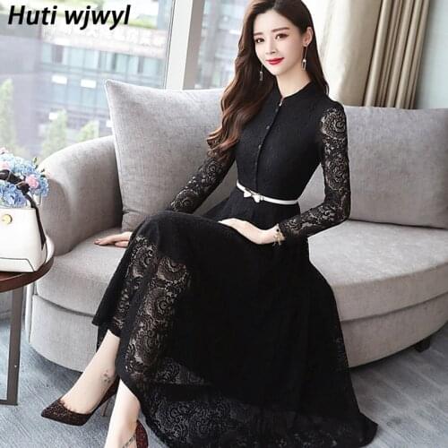 2021 Spring Autumn Vintage Lace Midi Dresses 3XL Plus Size Women Bodycon Black Sexy Dress Long Sleeve Casual Party Maxi Vestidos