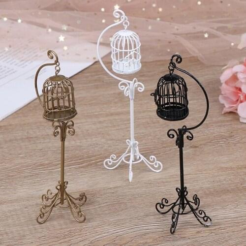 3 Colors 1:12 Mini Dollhouse Metal Bird Cage Model With Holder Alloy Miniature Decorations Modern Home Room Crafts
