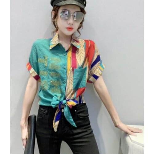 #8203 Summer Short Sleeve Shirt Women Casual Vintage Printed Shirt Femme With Diadonds Sexy Asymmetrical Shirts Ladies Tops