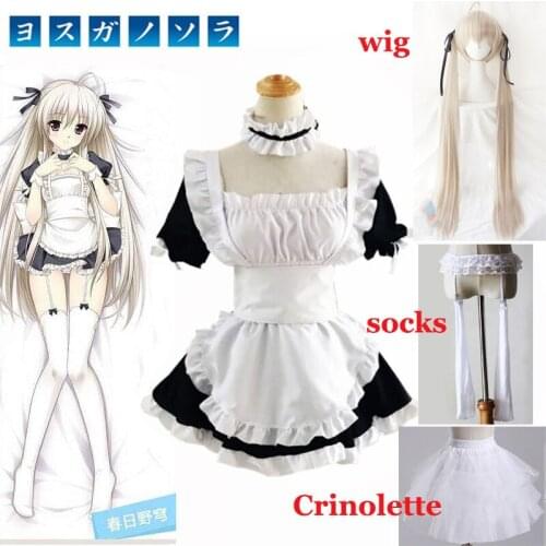Anime Yosuga no Sora Kasugano Sora Cosplay Costumes Maid Apron Dress Halloween Uniform Dress+Apron+Oversleeve+Neckwear+Headwear