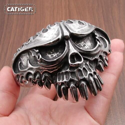 Free Shipping Punk Silver color Black Mens Boys 316L Stainless Steel Cool Gothic Vintage Big Skull Biker Bangle