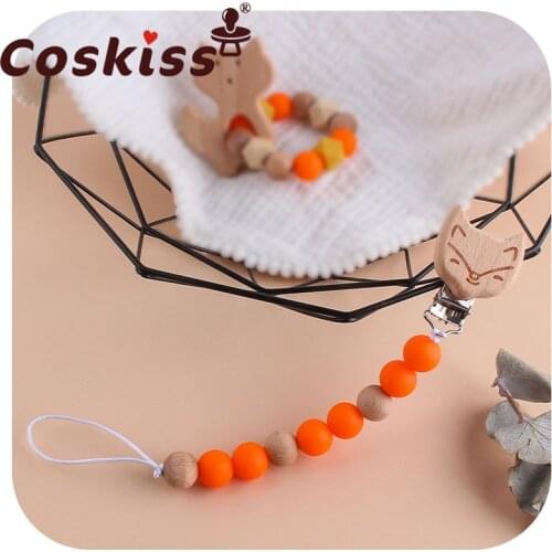 Coskiss Customized Baby Name Wooden Fox Wooden Pacifier Clips Chain Newborn Boy Girl Dummy Clips Nursing Pacifier Chain