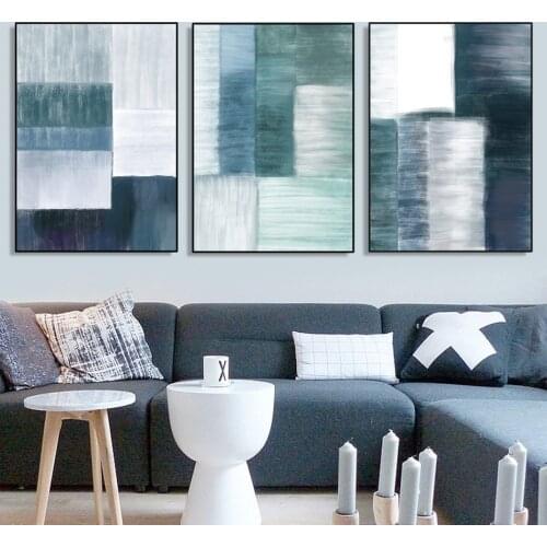 Modern Abstract Blue Color Block Brush Canvas Painting Print Wall Art Poster and Pictures for Living Room Home Decoration