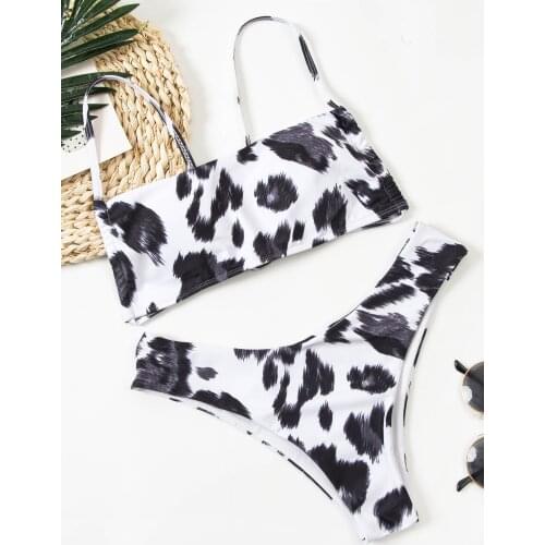 2 Pieces Swimsuits, Floral Print Spaghetti Strap Bikini Top+ Bikini Panties for Women, Black, S/M/L