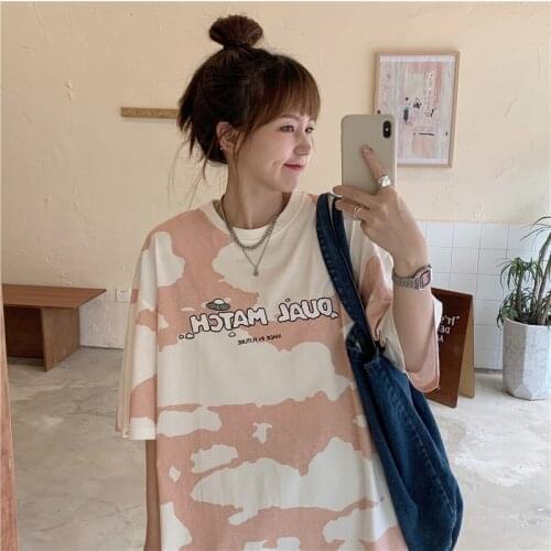 Summer college wind and cloud printing half-sleeved mid-length loose cotton round neck T-shirt simple and versatile casual women